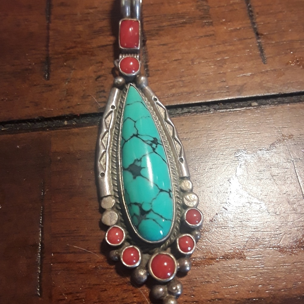 Sterling Silver Turquoise and Coral Pendant